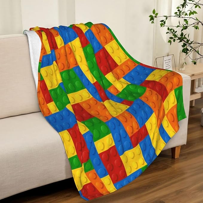 LOKMU Throw Blanket, Kids Colorful Blocks Ultra-Soft Cozy Flannel Blankets, Fuzzy Plush Lightweight Modern Blanket for Couch Sofa Bedding Home Decor, 60" L x 50" W
