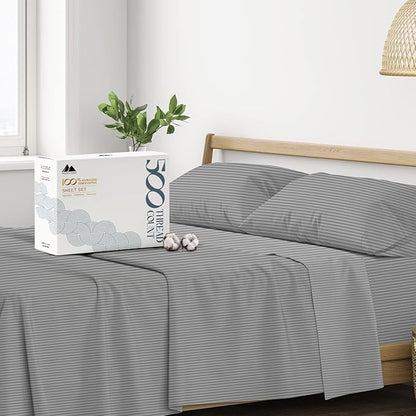 Mayfair Linen 100% Cotton Striped Sheets California King Size Bed Set - 500 Thread Count Damask Sheets Cal King Size 4 PC Set (Dark Grey Stripe), Soft, Cooling, Sateen Weave 16" Deep Pocket Bedsheet