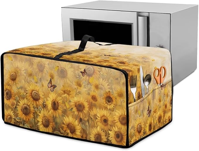 Microwave Oven Cover Dustproof Air Fryer Toaster Oven Protector with Storage Pockets, Stain-resistant Small Appliance Cover for Kitchen Decor, L, Sunflower Butterfly