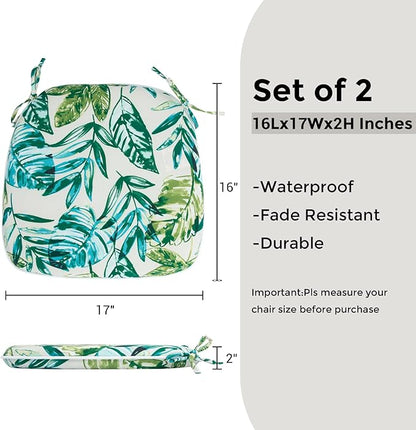 Outdoor Chair Cushions Set of 2,Patio Seat Cushion 17"x16"x2",U-Shaped Dining Chair Cushion 17 by 16 Inch,Water Resistant,Fade-Resistant Chair Pads for Kitchen Garden Furniture(Palm Leaf)