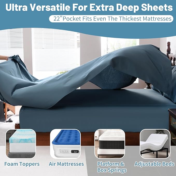 Extra Deep Pocket Queen Sheets 18-24 Inch 100% Egyptian Cotton 1000 Thread Count Sateen Weave Soft Breathable 4 Pieces（Queen,Dusty Blue）