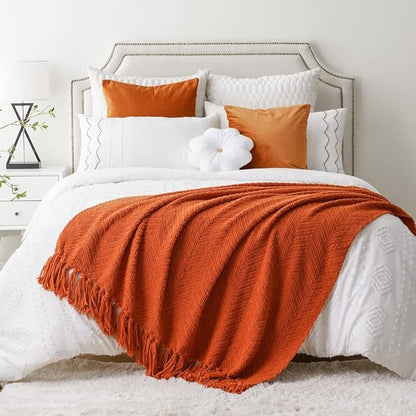 BATTILO HOME Burnt Orange Throw Blanket for Couch, Knit Fall Decor Blanket Versatile for Chair, Decorative Halloween Blanket with Tassels for Twin Bed, 60" x 80"