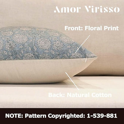 Amor Virisso Floral Throw Pillow Covers 20x20 Block Print Pillow Covers Vintage Neutral Couch Pillows for Living Room Farmhouse Decorative Accent Sofa Pillows, Light Blue