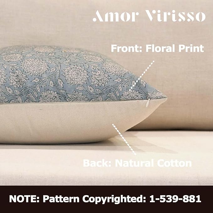 Amor Virisso Floral Throw Pillow Covers 18x18 Block Print Pillow Covers Vintage Neutral Couch Pillows for Living Room Farmhouse Decorative Accent Sofa Pillows, Light Blue