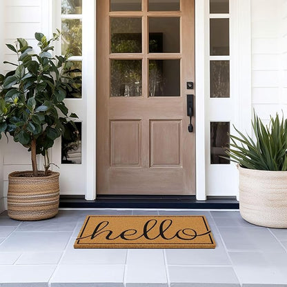 Barnyard Designs Natural Coco Coir Heavy Duty Backing Doormat - Large Cute Non-Slip Front Door Welcome Mat for Outside Entrance or Porch Entry, Brown (17x30, Hello)