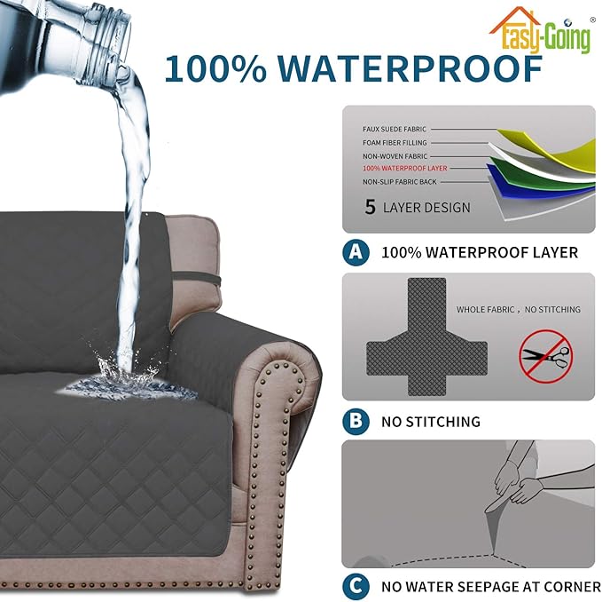 Easy-Going Sofa Slipcover Chair Cover Waterproof Couch Cover Washable Sofa Cover Non-Slip Fabric Furniture Protector with Pocket for Pets Covers Pets Kids Children Dog Cat (Chair, Dark Gray)