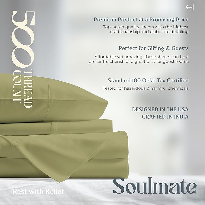 Mayfair Linen 100% Cotton Bed Sheets Queen Sheet Set - 500 Thread Count Sheets Queen Size 4 PC Set (Sage Green), Soft, Cooling, Hotel-Quality 16" Deep Pocket Sateen Cotton Bedsheet for Hot Sleepers