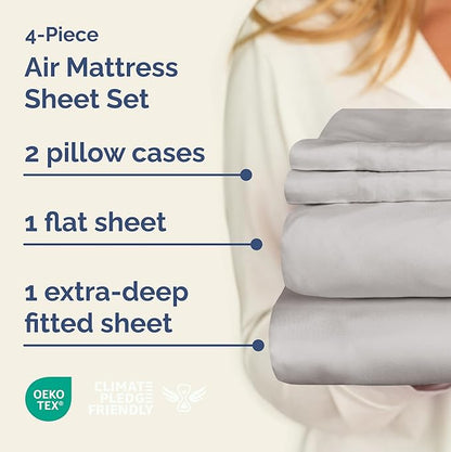 Air Mattress Sheet Set for Full Size - 4 Piece Breathable & Cooling Sheets w/Extra Deep Pockets - Fits Inflatable & Blow Up Air Mattresses Up to 24 Inches Thick - Soft and Wrinkle Free - Light Grey