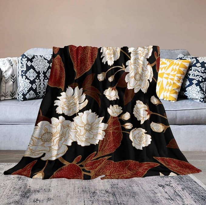Red Gold Floral Blanket, Boho Dark Flower Leaves Chinese Plum Blossoms Botanical Vintage Throw Blanket for Bed Living Room Bedding Couch Soft Lightweight Warm Cozy Decor, 50"x60"