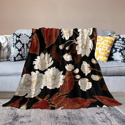 Red Gold Floral Blanket, Boho Dark Flower Leaves Chinese Plum Blossoms Botanical Vintage Throw Blanket for Bed Living Room Bedding Couch Soft Lightweight Warm Cozy Decor, 50"x60"