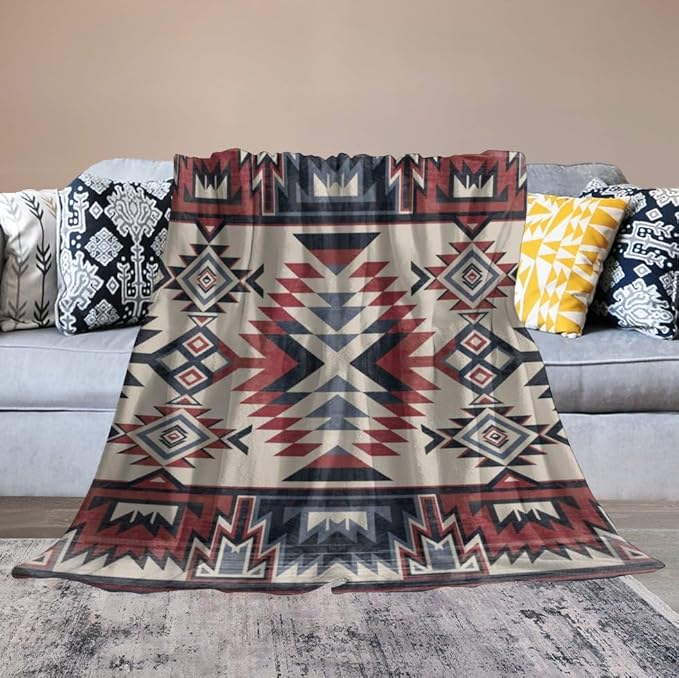 Southwest Blanket, Tribal Indian Throw Blanket Red Black Aztec Ethnic Geometric Print Blanket for Couch Bed Sofa Cover Throw Home Decor 60"x80"
