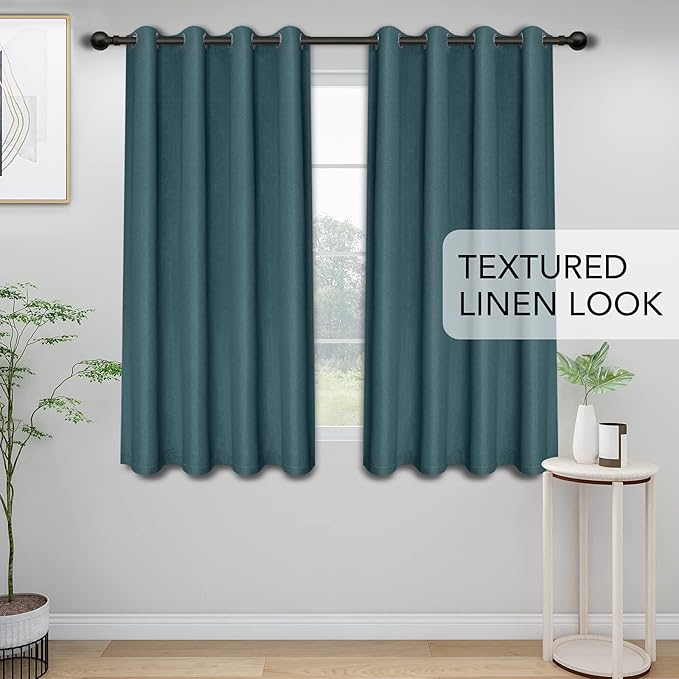 Easy-Going Linen Look Blackout Curtain 63 Inch Length Grommet Window Curtain for Bedroom, Living Room Thermal Insulated Room Darkening (Set of 2 Panels, Bluestone)