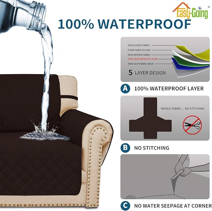 Easy-Going Sofa Slipcover Waterproof Couch Cover for 3 Cushion Couch Sofa Cover Furniture Protector Cover Pets Covers Washable Non-Slip Fabric Pets Kids Children Dog Cat (Sofa, Chocolate)