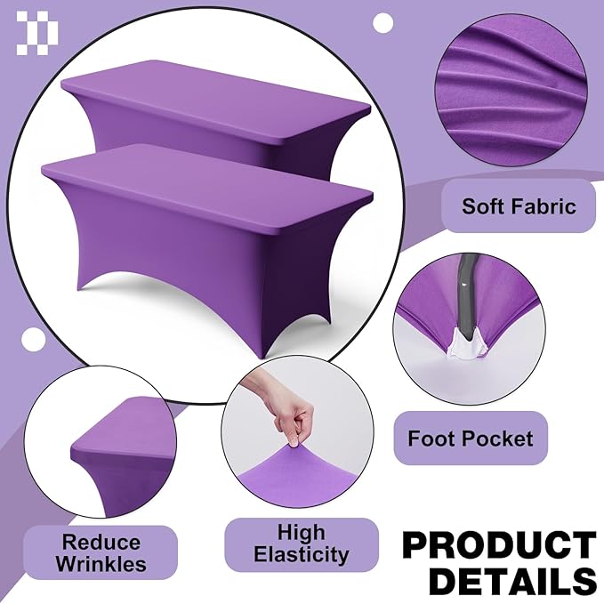 Trlyc 2 Pack 4FT Spandex Table Cloth - 48 x 30 Inch Rectangular Stretch Tablecloth, Wrinkle Resistant Scretch Table Cover for Wedding, Party, Banquet, Picnic, Outdoor Decoration (2Pcs,Purple)