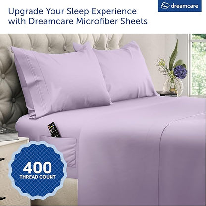 DREAMCARE King Size Sheets Set - Cooling Bed Sheets - 4pcs Set - up to 15" Deep Pocket King Sheet Set – Soft & Long Lasting Cooling - 100% Fine Brushed Microfiber with Side Pocket - Lavender