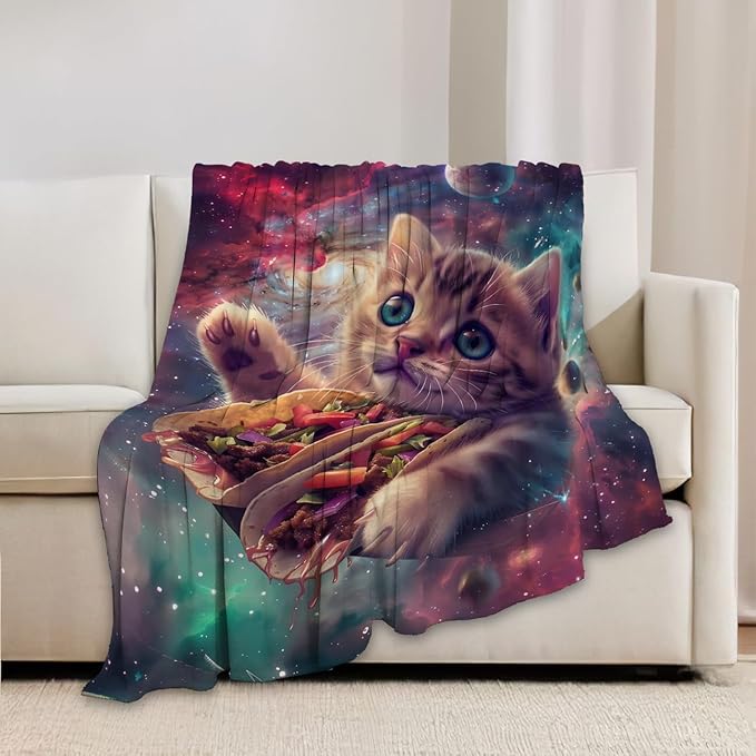Funny Cat Print Blanket Taco Cute Kitty Animal Galaxy Throw Blankets Gifts for Couch Sofa Stuff Decor Soft Cozy Plush Flannel Bedding for Lover Men Women 50"x60"