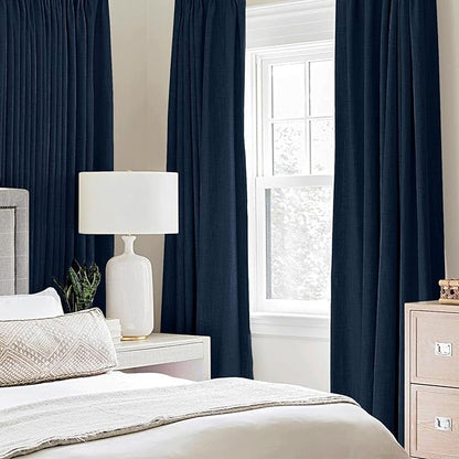 MIULEE Linen Textured Curtains for Bedroom Solid 100% Blackout Thermal Insulated Midnight Blue Grommet Room Darkening Curtains & Drapes Luxury Decor for Living Room Nursery 52 x 54 Inch (2 Panels)