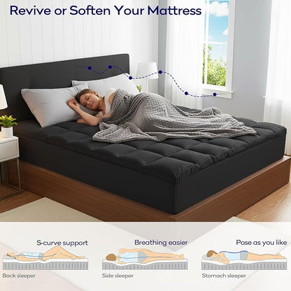 OLANLY Dual-Layer 4 Inch Queen Size Memory Foam Mattress Topper for Back Pain, 2 Inch Cooling Pillow Top Mattress Pad Cover and 2 Inch Gel Memory Foam Topper, Deep Elastic Pocket, Black