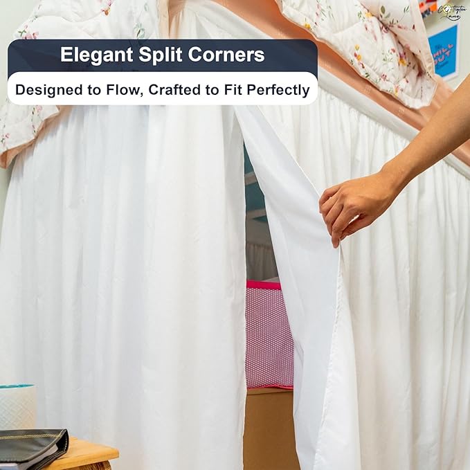 Cottington Lane Extra Long Ruffled College Dorm Bed Skirt 46 Inch Drop, Premium Hotel Collection Brushed Mircofiber Twin XL Dust Ruffle Raised Dorm Room Essentials and Decor, White Solid