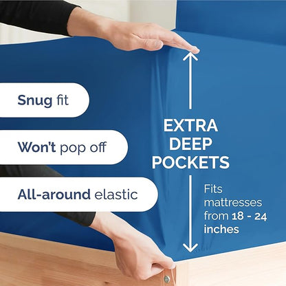 Extra Deep Pocket Cal King Sheets - 4 Piece Breathable & Cooling Bed Sheets - Hotel Luxury Sheet Set - Soft, Wrinkle Free & Comfy - Easily Fits Extra Deep Mattresses - Deep Pocket Royal Blue Sheets