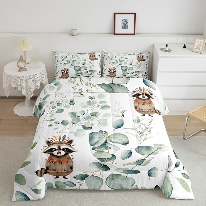 Erosebridal Cute Raccoon Twin Size Comforter Set for Kids Child Green Eucalyptus Bedding Set, Woodland Animal Down Comforter Botanical Plant Leaves Bed Set, Cartoon Wildlife Quilted Duvet