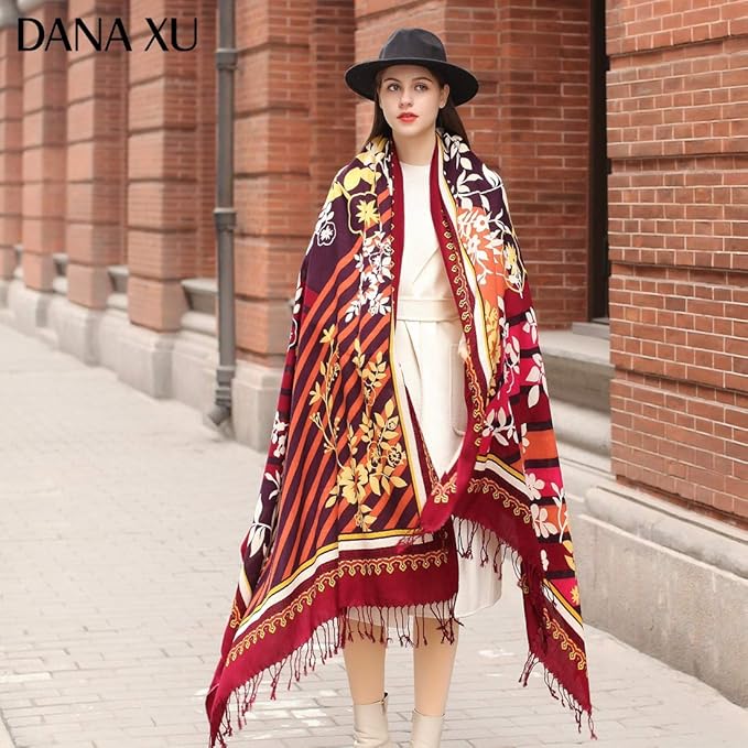 DANA XU 100% Merino Wool Pashmina Shawl for Women 96"x43", Oversized Cashmere Wrap with Tassels, Floral Travel Blanket Cape