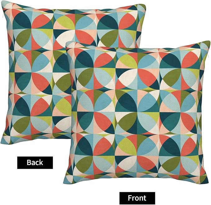 bassyil Geometric Mid Century Modern Colors Throw Pillow Covers Decorative Linen Pillow Cases Set of 2 Square Cushion Cover for Couch Sofa Bedroom Patio 18x18 Inch