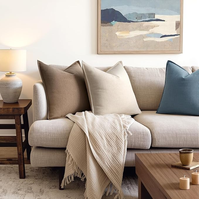 MIULEE Decorative Pillow Covers 20x20, 2 Pack Boho Farmhouse Neutral Throw Pillows for Couch, Thick Textured Modern Linen Cushion Cases Sofa Bed Living Room Home Decor, Natural Beige