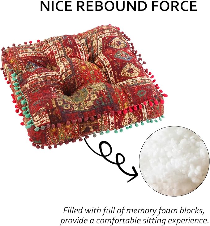 Bohemian Seat Cushion，Indoor & Outdoor 16.5" x 16.5" Seating Cushion for Dinning Chairs, Decorative with Tassels(2Pcs, Red)