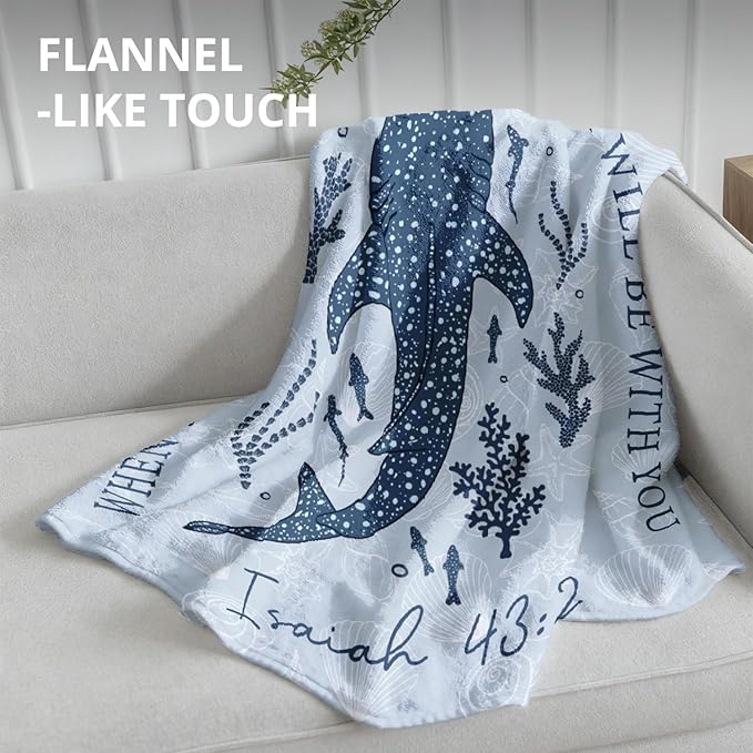 Christian Whale Blanket, Ocean Coastal Beach Bible Verse Throw Blankets for Home Bedroom Living Room Couch Bed Decor, Blue Religious Scripture Blanket, Christian Gifts for Women Men, 50x60 Inch