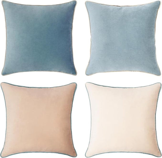 MONDAY MOOSE Decorative Throw Pillow Covers Cushion Cases, Set of 4 Soft Velvet Modern Double-Sided Designs, Mix and Match for Home Decor, Pillow Inserts Not Included (22x22 inch, Beige/Light Blue)
