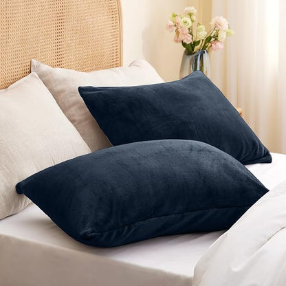 BEDELITE Flannel Pillowcases Standard Set of 2, Super Soft Fleece Pillow Case Cover with Zipper for Bedroom, Sofa, Couch,Luxury Cozy Fuzzy Velvet Pillow Shams for All Seasons(20x26 Inches, Navy)