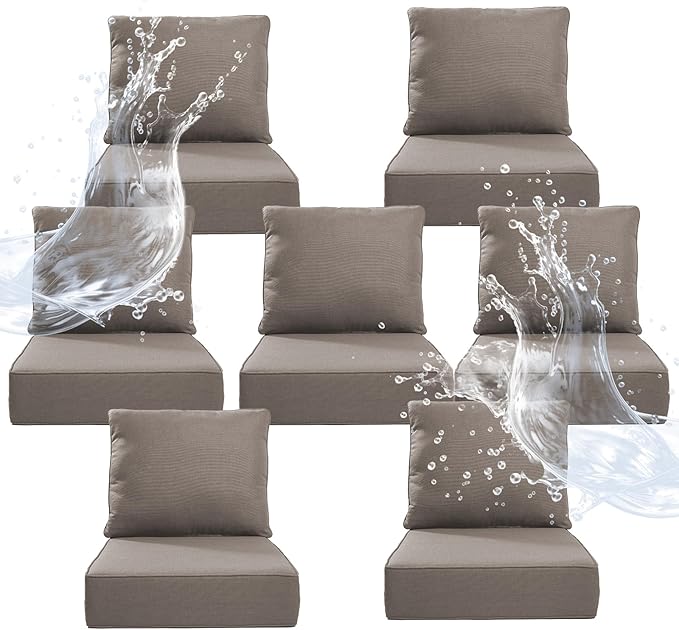 6" Thicker Outdoor Chair Cushion 7 Sets - 24" *24" *6" Waterproof Patio Furniture Cushions with Removable Cover, 28D High Density Sponge Filling Thicken Outdoor Patio Cushions - Grey