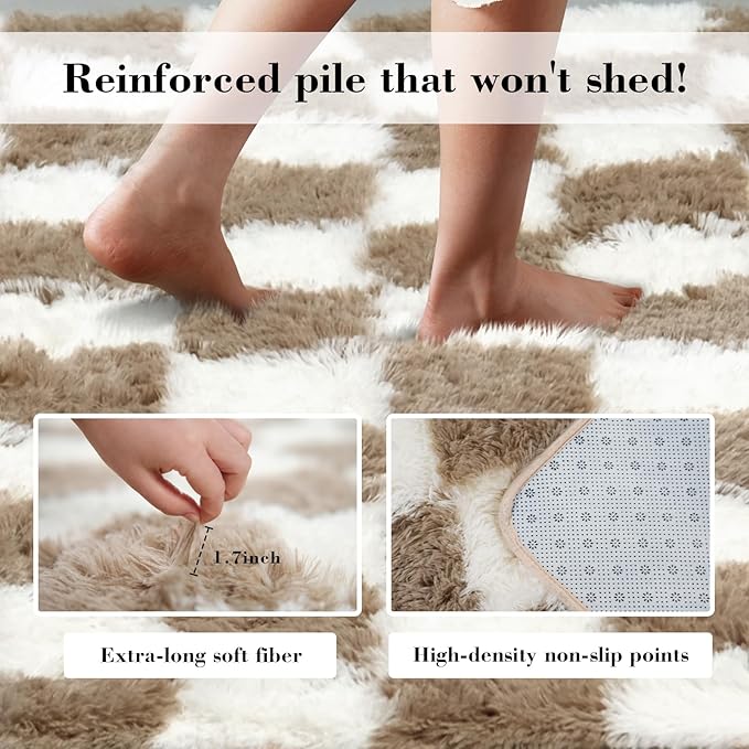 Checkered Rug for Living Room, 9x12 Beige and White Area Rugs, Classic Checkered Carpets Shaggy Area Rug, Bedside Rugs for Living Room Bedroom Kids Room Home Decor