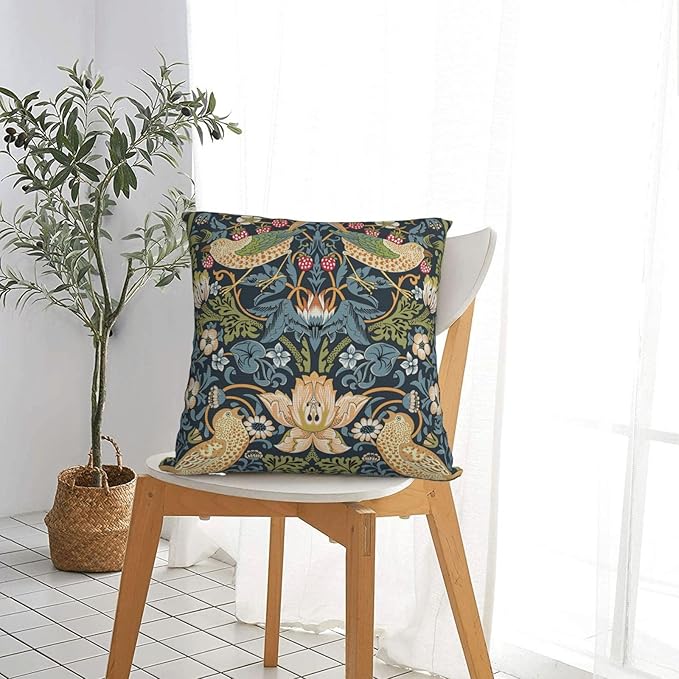 William Morris Vintage Floral Bird Strawberry Thief 16x16 inches Pillow Cover, Outdoor Farmhouse Pillow Cover Home Decor for Couch Sofa