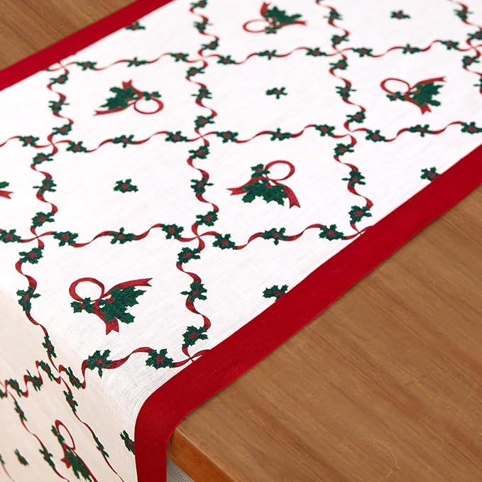 Solino Home 100% Pure Linen Christmas Table Runner 120 Inches Long - Red and Green Table Runner 14 x 120 Inch - Handcrafted and Machine Washable - Holly Ribbon Print