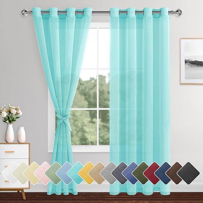 XWZO Mint Green Sheer Curtains with Tiebacks, Light Filtering Semi Transparent Voile Drapes Grommet Top Window Curtains for Bedroom, Living Room, Office, Study, W52 x L84, Set of 2 Panels