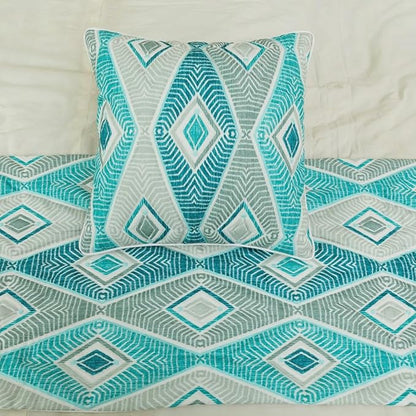 The HomeCentric King/Queen/Twin Blue, Ivory & Grey Decorative Queen 74"x18" Bed Runner with 2 Pillow Cover, Quilted & Printed Bed Scarf on Cotton Fabric - Tallulah