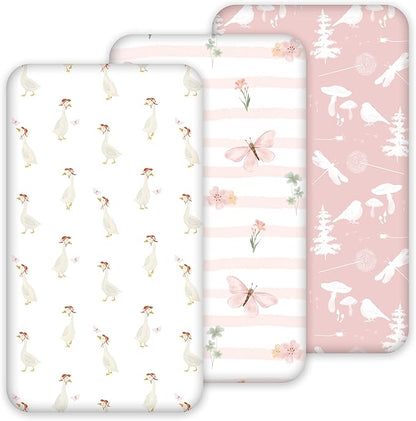 Nap Mat Sheet 47"x24", 3 Pack Pink Floral Baby Crib Sheets Fitted Elastic Corners, Preschool Day Care Rest Mat Cover, Soft Breathable - Compatible with Regalo My Cot, Joovy Travel Cot