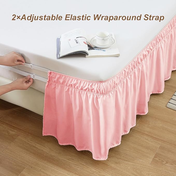 MEILA Wrap Around Bed Skirt Three Fabric Sides Elastic Dust Ruffled 14 Inch Tailored Drop,Easy to Install Fade Resistant-Pink, Twin/Full