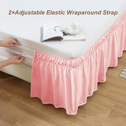 MEILA Wrap Around Bed Skirt Three Fabric Sides Elastic Dust Ruffled 14 Inch Tailored Drop,Easy to Install Fade Resistant-Pink, Queen/King