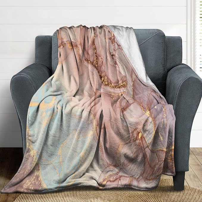 Abstract Marble Blanket, Modern Luxury Baroque Golden Pink Purple Stone Veins Pattern Soft Warm Cozy Plush Flannel Covers for Livingroom Bedroom Couch Chair Camping Travel Home Decor Tapestry 50x60in