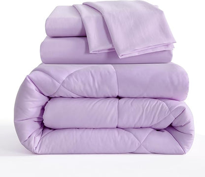 NTBAY Twin Comforter Set with Sheets, 5 Pieces Soft and Breathable Twin Bedding Set, Twin Bed in a Bag, Down Alternative Comforter Set Solid Color All Season, Kids Bedding Set, Light Purple