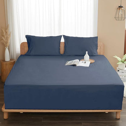 Sunflower Twin Fitted Sheet, 1-Piece Deep Pocket Fitted Bottom Sheet 15", 100% Cotton Sateen Soft Breathable, Blue Indigo