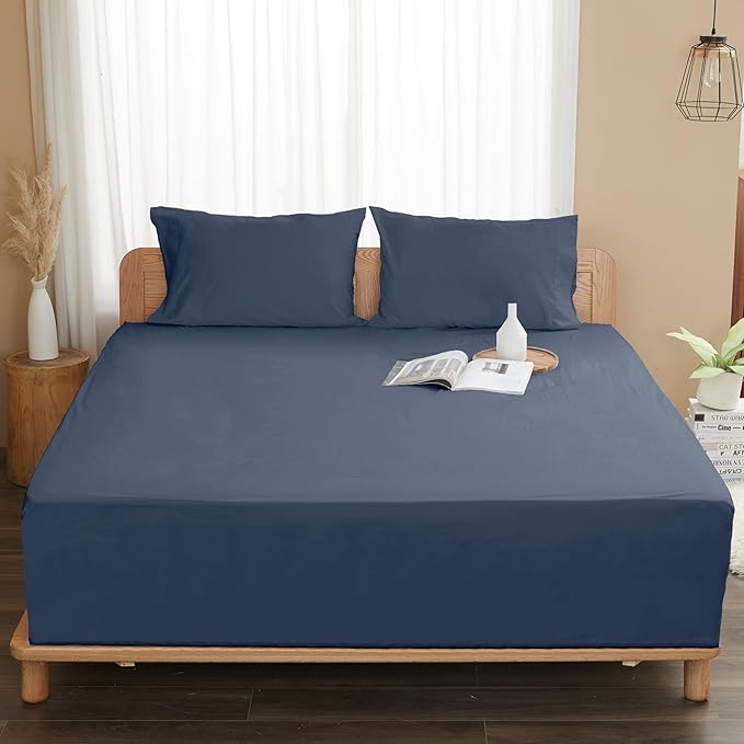 Sunflower Queen Fitted Sheet, 1-Piece Deep Pocket Fitted Bottom Sheet 16", 100% Cotton Sateen Soft Breathable, Blue Indigo