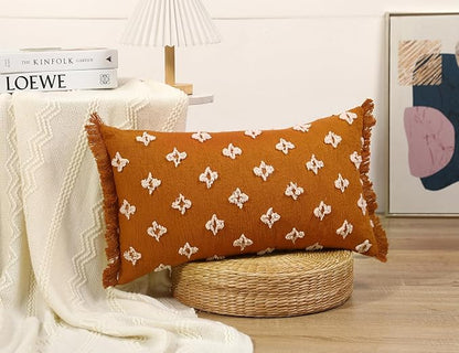 Boho Long Lumbar Pillow Cover 12x24 with Tassel,3D Flower Patterned Cotton Decorative Long Lumbar Pillow Cover Pillow Case for Sofa Couch Bed Livingroom Farmhouse,Rust Red