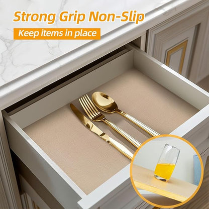 Shelf and Drawer Liner for Kitchen Cabinets Non-Adhesive, Strong Grip Non-Slip Thickened Cabinet Liners for Shelves, Waterproof Mats for Dresser Cupboard, Khaki, 12 in x 10 Feet