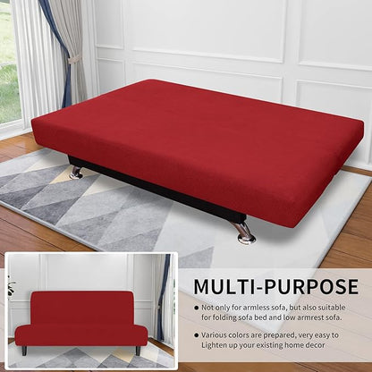 Easy-Going Stretch Futon Slipcover Armless Futon Bed Cover Furniture Protector Without Armrests with Elastic Bottom for Kids, Soft Jacquard Fabric Small Checks (Medium, Christmas Red)