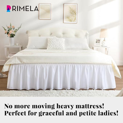 RIMELA White Bed Skirt Queen Size 15 Inch Drop, Elastic Bed Skirting for Bed Base and Frame, Bedding Dust Ruffle Easy to Install, Wrap Around Adjustable Bedskirt