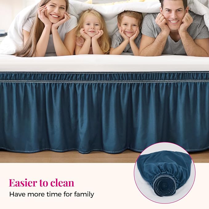RIMELA Dusty Navy Bed Skirt Queen Size 15 Inch Drop, Wrap Around Elastic Bedskirt, Dust Ruffle for Adjustable Bed Base Machine Washable Easy to Install Bed Skirts